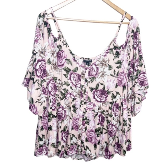 torrid Tops - Torrid Women's Floral Button Down Cold Shoulder 3/4 Sleeve Boho Peplum Blouse